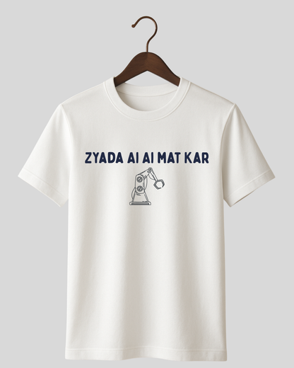 White t-shirt with text and graphic on a hanger against a light gray background