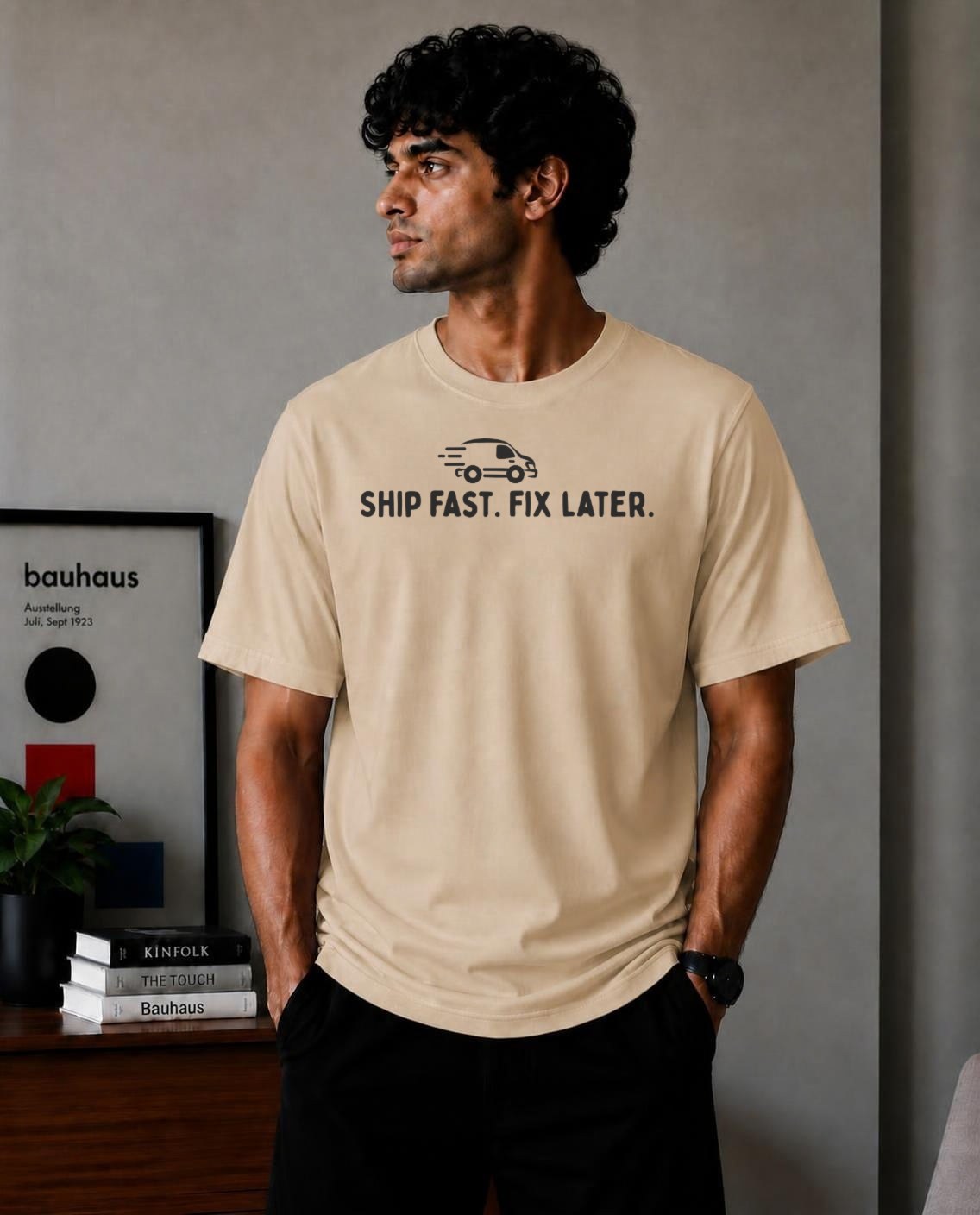 Ship Fast. Fix Later. Oversized T-Shirt - Beige